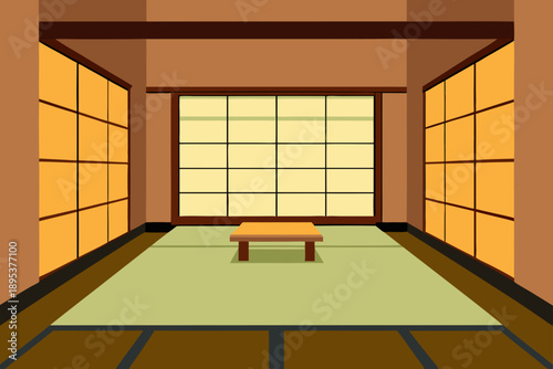 Japanese Zen Tea Room With Shoji Screens And Tatami