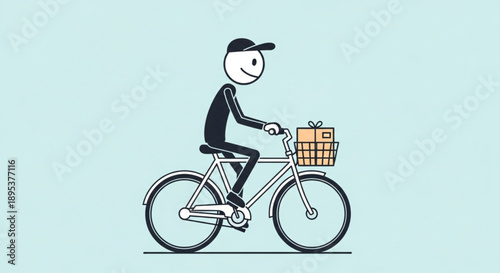 Cartoon man riding bicycle with package in basket.