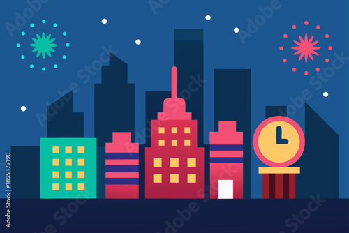 New Years Eve Skyline With Countdown Clock