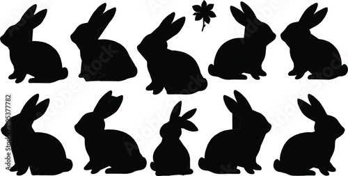 Rabbit Silhouette Collection with Bunny Shapes Black Animal Vector Illustration Set
