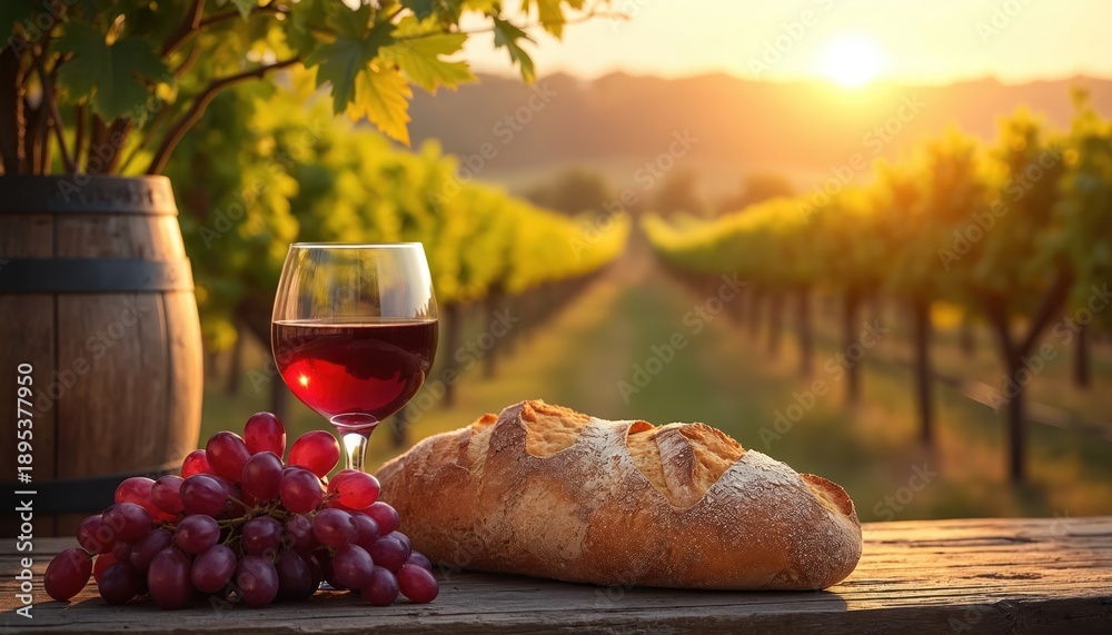 Fototapeta premium Glass of red wine, bunch of grapes, and loaf of bread sit on wooden table at sunset. Vineyard landscape behind with rows of grapevines under warm golden light.