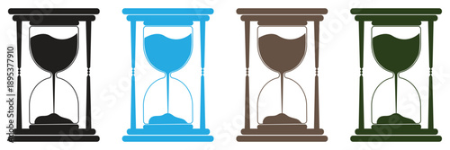 A colorful collection of four hourglasses displaying time's passage in multiple hues