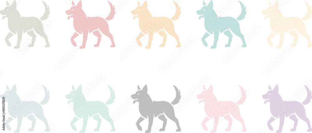 Fototapeta premium Group of walking dog silhouettes in pastel colors, Pastel canine silhouettes animal set