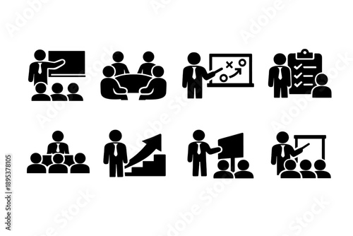 Business meeting presentation and training symbols for corporate strategy