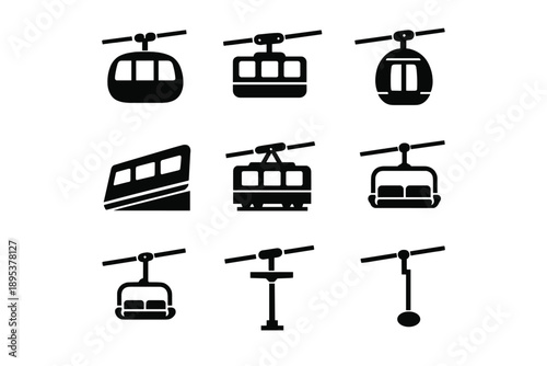 Black silhouette icons of aerial lift transportation systems and cable cars