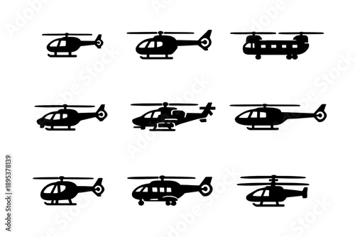 Set of black helicopter silhouettes and icons for air transport and rescue services