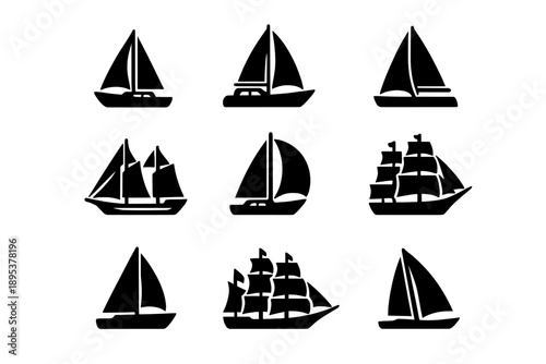 Set of nine different sailing boat and tall ship silhouettes for maritime navigation and travel icons
