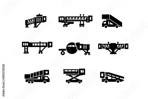 Airport ground support equipment including passenger boarding bridges and mobile stairs icons