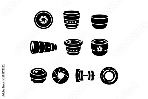 Set of photography equipment icons featuring camera lenses and aperture symbols