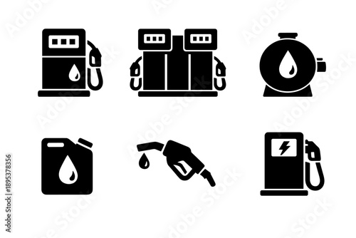 Fuel station, gasoline pump, storage tank, and electric charging symbols in silhouette