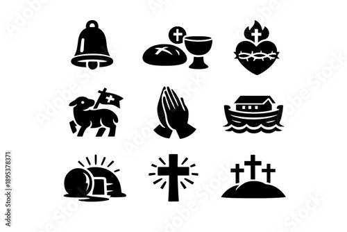 Essential Christian religious symbols and icons representing faith and worship concepts