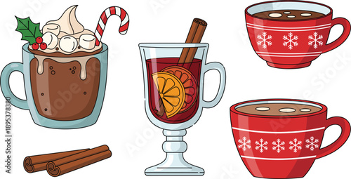 Christmas Hot Drinks Collection with Cocoa, Mulled Wine and Festive Cups with Cinnamon and Candy Cane