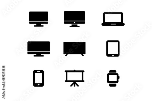Collection of modern electronic devices including laptop, smartphone, and smartwatch symbols