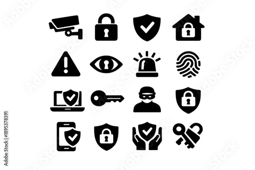 Comprehensive security, protection, and surveillance including padlock, shield, camera, and key