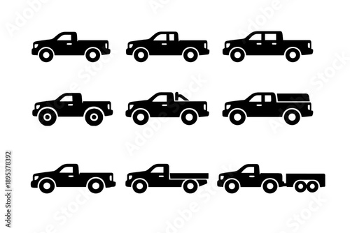 Collection of pickup truck silhouettes showing various body styles and configurations