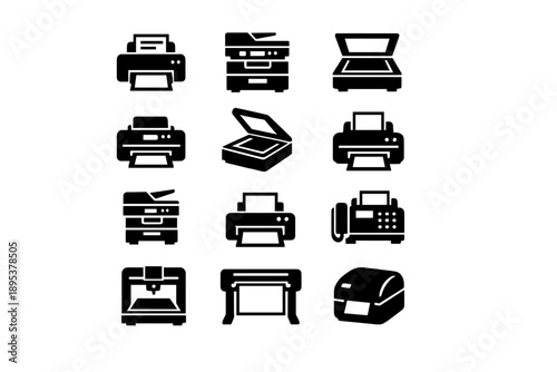 Black silhouette symbols representing various printing and scanning equipment