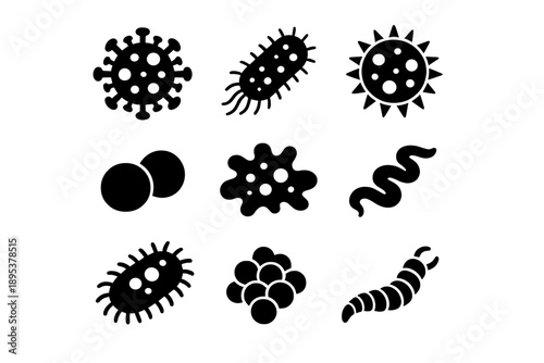Simple black glyph set of microscopic bacteria, viruses, germs, and pathogens