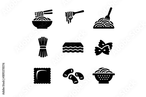 Collection of various pasta and noodle icons including spaghetti, lasagna, ravioli, and ramen