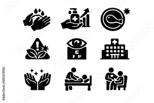 Health and medical care concepts including hygiene, food safety, vision test, and patient support