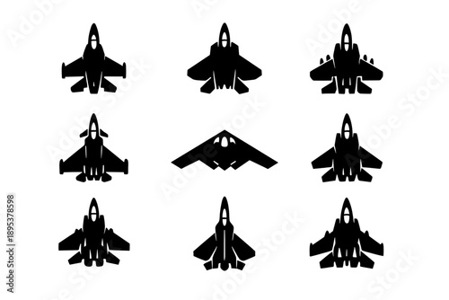 Collection of modern military fighter jet and stealth bomber aircraft icons