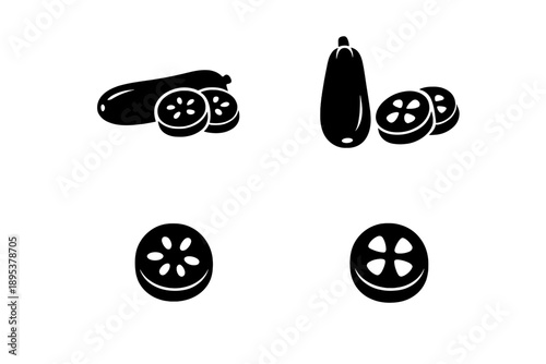 Monochrome icons of fresh whole and sliced zucchini or cucumber vegetables
