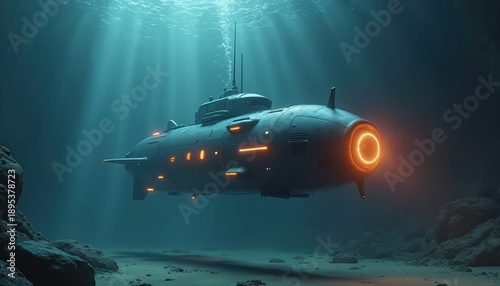 Wallpaper Mural Futuristic submarine explores dark alien ocean depths. Submersible vehicle with orange glowing lights travels deep sea. Underwater exploration, science fiction, and deep sea research. Torontodigital.ca