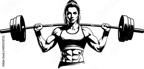 Monochrome brushstroke illustration of strong female athlete lifter 
