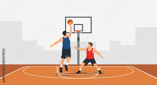 Basketball players in action on an outdoor court with a cityscape background viewed from a slight low angle