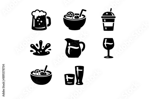 Collection of beverage containers and drink icons for restaurant menus and applications