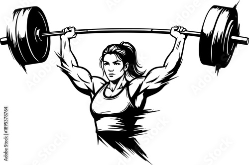 Monochrome brushstroke illustration of strong female athlete lifter 
