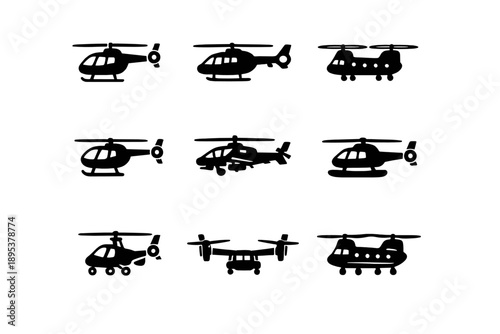 Collection of military and civilian helicopter silhouettes representing aerial transport vehicles