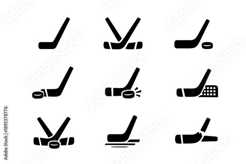 Collection of black silhouette icons representing ice hockey sticks, pucks, and game equipment