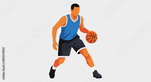 A basketball player in action dribbling on court with focused expression, dynamic sports scene from side view