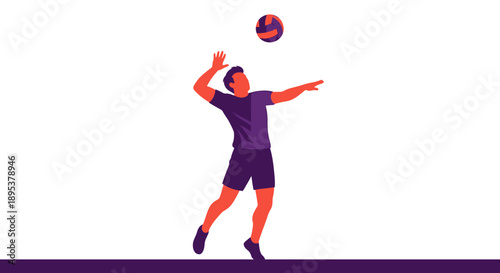 Man jumping to hit a volleyball in mid-air, illustration of a sports action, dynamic athlete in a competitive volleyball game