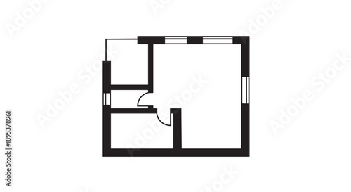 Simple black and white floor plan illustration of a small room with furniture layout and doorway from a top-down viewpoint