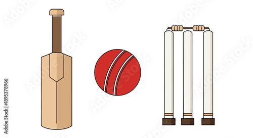 Cricket equipment including bat, ball, and wickets displayed together on a clean white background from a straightforward viewpoint