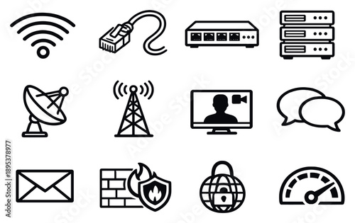 Networking and Communication Technology in outline style: wifi signal, ethernet cable, network switch, data server rack, satellite dish, signal tower, video. Vector icons