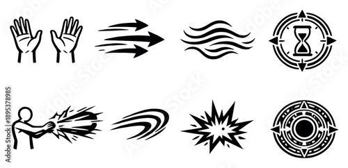 Casting actions and gestures in outline style: raised hands, directional magic arrows, incantation speech lines, timing glyph, channeling beam, motion trails. Vector icons