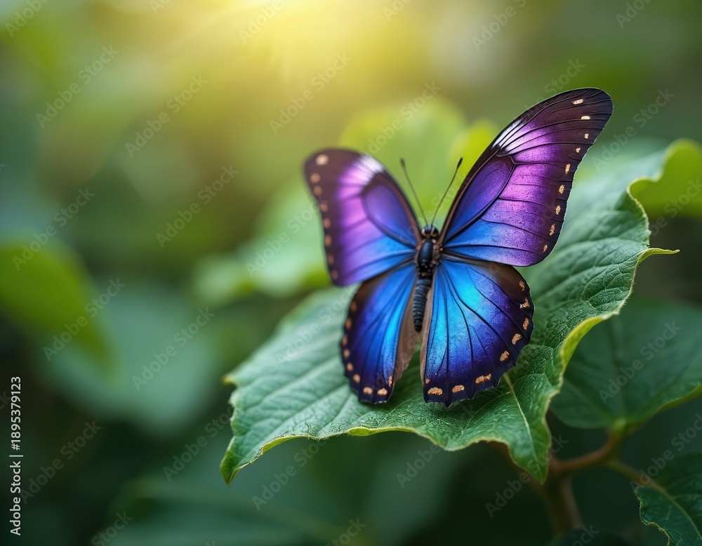 Obraz premium Majestic purple and blue butterfly rests on green leaf. Insect has open wings showing intricate patterns. Sunlight illuminates scene, evoking nature beauty.