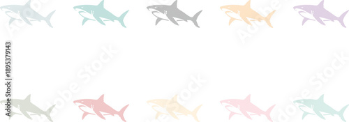 Colorful shark outline silhouettes arranged in rows, Marine life shark silhouette icons
