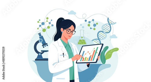 Illustration of a female scientist in a lab coat analyzing data on a tablet with a microscope and DNA helix in the background, symbolizing Women in Science on International Day of Women and