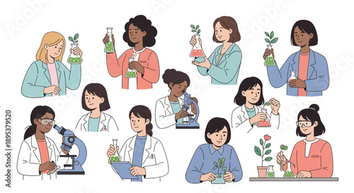 Illustration of diverse female scientists and doctors in various lab settings with equipment and plants on International Day of Women and Girls in Science.