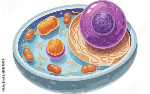 An illustrated animal cell shows various organelles like the nucleus and mitochondria within its structure