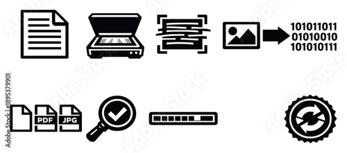 Analog to digital conversion in bold style: paper document, scanner device, OCR text recognition, image to data arrows, file format icons, quality check lens. Vector icons