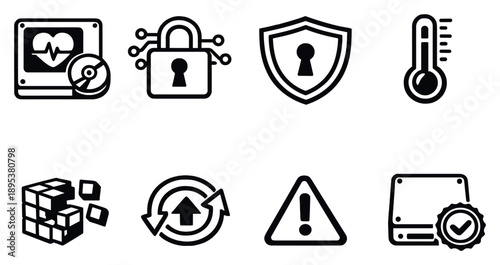 Maintenance and security in outline style: drive health monitor, encryption lock, secure access shield, temperature gauge, defragmentation icon, firmware update. Vector icons