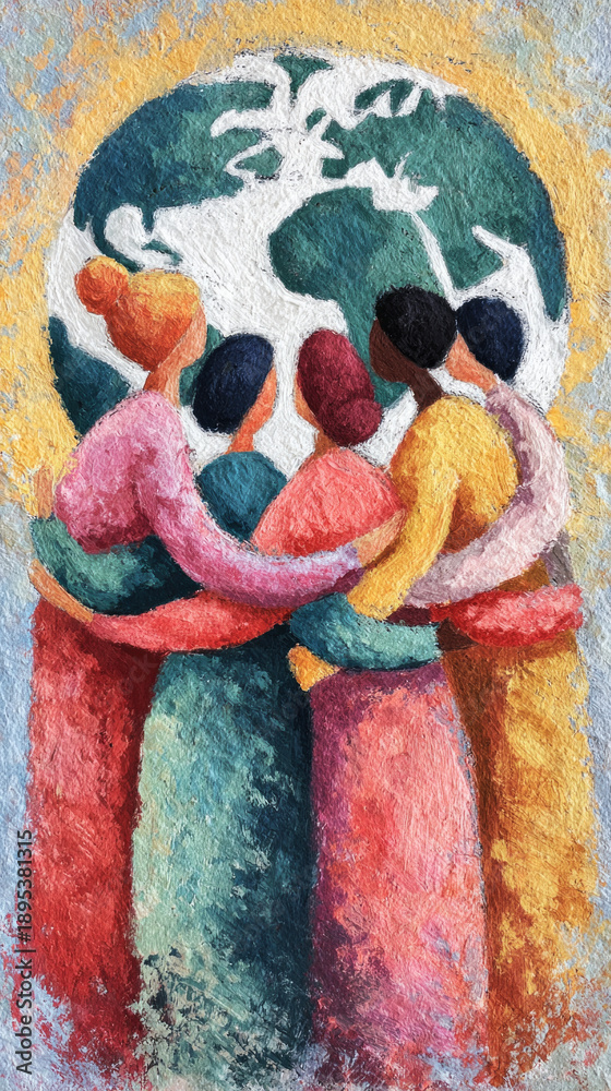Obraz premium Women are gathered together with arms around each other on March 8 to show support for one another. The scene reflects solidarity for International Women Day