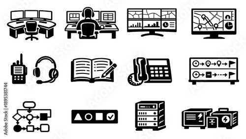 Traffic control center operations vector icons in outline style: control room desk, operator workstation, multi-screen wall, traffic management software, radio. Vector icons