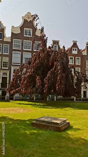 Peaceful inner courtyard of Begijnhof with traditional houses and green garden in Amsterdam, Netherlands