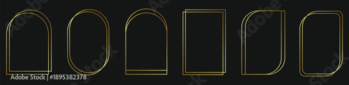 Minimal arch frame outline set in elegant gold on dark style. Geometric window and doorway shapes for luxury layouts and branding. Clean vector elements for posters, invitations, and digital design.