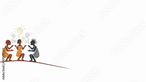Aboriginal communication shows three tribal figures in dialogue on white background. This symbolizes human connection, cultural storytelling, sharing.